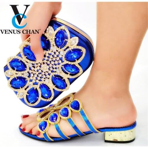 Italian Design Arrival Nigerian Crystal and Appliques Decoration Style Women Shoes and Bag Set in Blue Color for Party Slipper