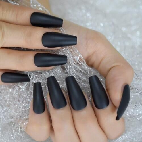Classic Matte Black Coffin Frosted False Nail Long Full Cover Sculpted Ballerina Acrylic Fake Fingernail Tips Manicure Charms