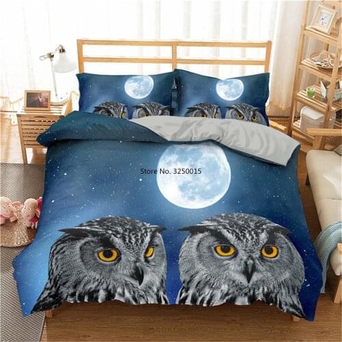 Lovely Owl Duvet Cover Night Sky Bedding Set for Adults Bedclothes 2/3pcs Queen King Double Single Size Bed Set Bedroom Decor