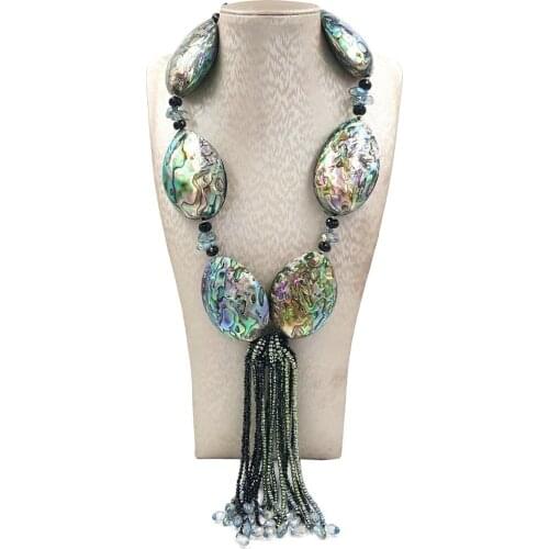 LiiJi Unique Huge Abalone Shell Black Spinels Hematite Handmade Knitting FancyTassel Necklace For Women Fashion Jewelry