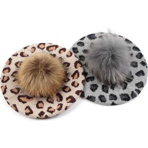 Fashion Women Leopard Print Beret Hat Adult Slouchy Winter French Style Bonnet Caps for Girls Lady Female With Real Fur Pompom