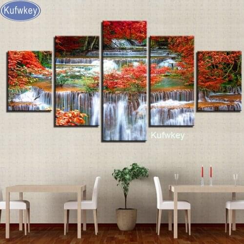 5d Diy diamond painting 5pcs cross stitch kit waterfall autumn,Diamond embroidery 3D square Diamond Mosaic pasted full painting