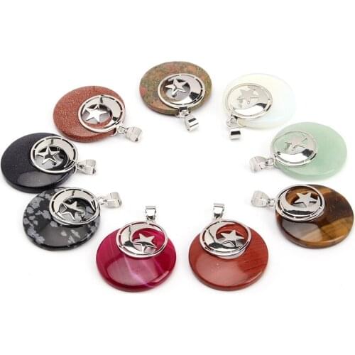 Natural Stone Crystal Disc Shape Pendant Necklace Islamic Star Moon Symbol Metal Pendant Arabic Religious Reiki Symbol Jewelry