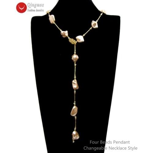 Qingmos Fashion Sea Shell Pearl Long Necklace for Women with 15*20mm Baroque Pink Sea Shell Pearl Necklace Fine Jewelry 28