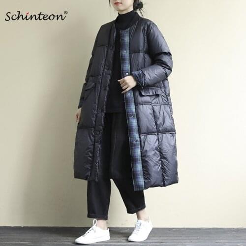 Schinteon Women White Duck Down Long Jacket Light Down Coat Vintage Loose Autumn Plaid Patchwork Winter Warm Outwear New 2021