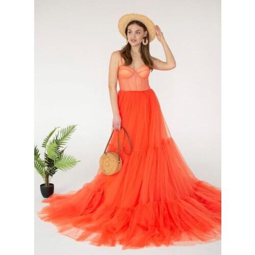Sexy Spaghetti Tulle Formal Dresses Zipper Back A-Line Sweep Train Evening Gown Prom Dress 2021 New Fashion Party Robes