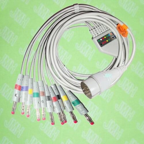 Compatible with Fukuda FX-031 EKG 10 lead,One-piece ECG cable and leadwires,11PIN,4.0 red Banana,IEC or AHA