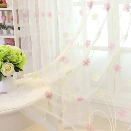 Modern Flower Embroidered Curtains for Girls Bedroom Tulle Window Sheer Voile Drapes Screening Treatment