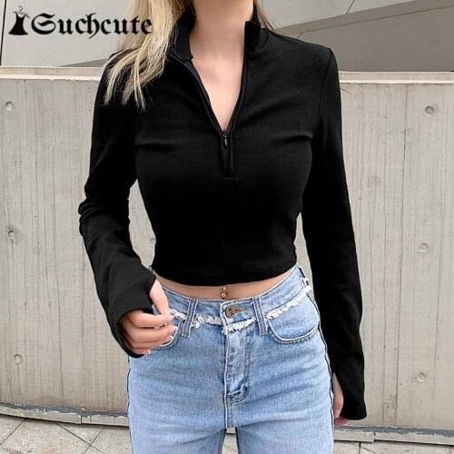 SUCHCUTE Solid Color Female Ribbed Zip Up T-Shirts 2021 Casual Basic Skinny Long Sleeve Crop Tops Gothic Simple Outfits Harajuku