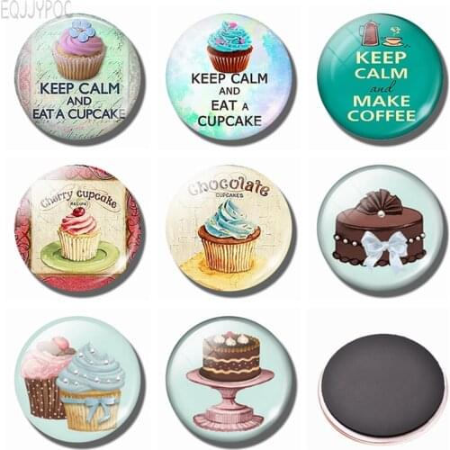 Cake Glass Fridge Magnet for Kids Cupcake 30MM Round Magnetic Refrigerator Stickers Cute Dessert Pattern Home Kitchen Decor