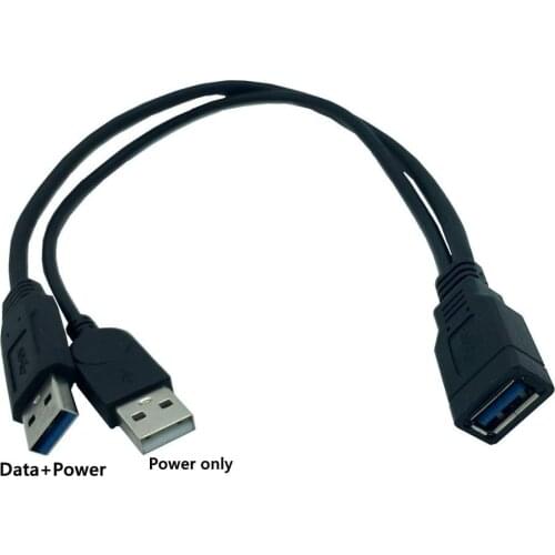 Black USB 3.0 Female to Dual USB Male Extra Power Data Y Extension Cable for 2.5" Mobile Hard Disk 30CM 1FT