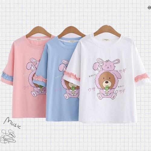 Japanese Women Cute Lolita Tshirt Summer Kawaii Bear Bunny Print Ruffles Flower Short Sleeve Tops Soft Sister Girl Rabbit Tshirt