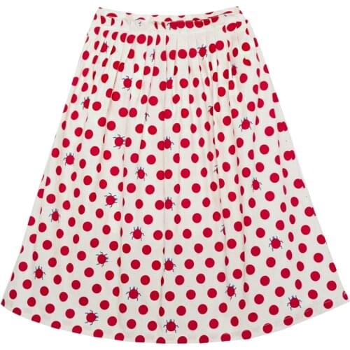 Summer New Original Design Womens Polka Dot Print A-line Skirt Cotton Pleated Waist Button Knee Length Skirt Preppy Style