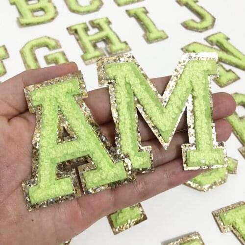 Green Chenille Embroidered Letters Iron On Patch Applique For Clothing Bag Diy Name Badge Alphabet Patches Accessories A-Z