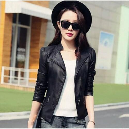 Motorcycle Leather Clothing Female Spring and Autumn Slim Women Leather Jacket Brief Short Casual Leather Coat S-3XL
