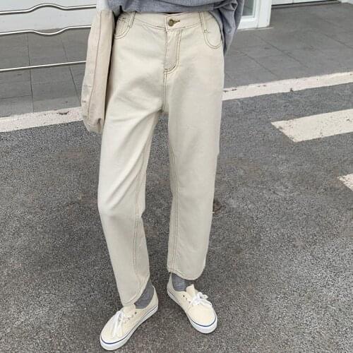 Women Jeans Pants Korean white Solid High Waist Long Trousers 2021 Spring Autumn New Causal Demin Straight Pants Mujer