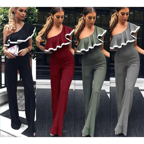 Women Jumpsuits Ruffles Overalls Summer Casual Sexy Slim One Shoulder Long Playsuits Rompers Flare Long Pants Plus Size