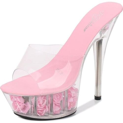 Fashion PVC Open Toe Slippers New Clear Crystal Glass Rose Platform Slides Sexy Women 15cm Super High Heels Party Dress Pumps