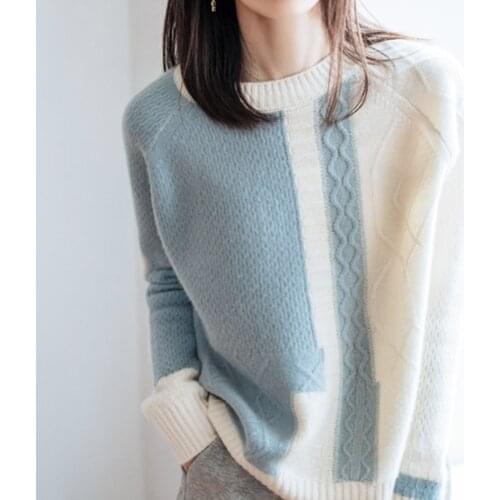 100% wool sweater new round neck color matching women loose wild cashmere knitted short coat jacket pullover Spring and Autumn