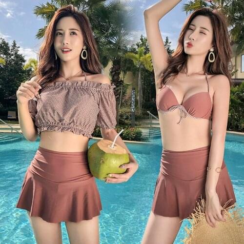 Womens Bikini Set Padded Short Sleeve High Waist Swimwear Swimsuit Beach Suit 2020 Koren Design 3 set With Bra