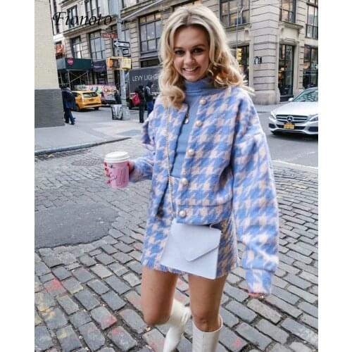 Fionoto Long Sleeve Houndstooth Jacket Top Tweet Blazer And Mini A Line Skirts Party Women Set Sexy Casual 2 Piece Sets Vintage