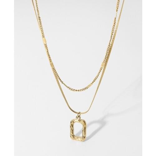 14K Gold Plated Stainless Steel Double Snake Chain Stackable Hammered Hollow Square Pendant Necklace For Women Party Jewelry