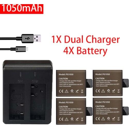 4Pcs 3.7V 1050mAh Action Camera Battery+ Dual Charger For EKEN H9 H9R H3 H3R H8PRO H8R SJ4000 SJCAM SJ5000 M10 SJ5000X batteries