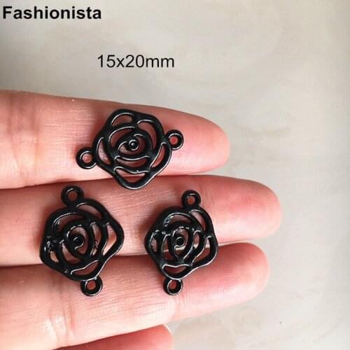 50 pcs/10 pcs Black/Gold/Bronze Metal Rose Connector With 2 Loops,15*20mm,Hollow Rose Flower Jewelry Connectors -B