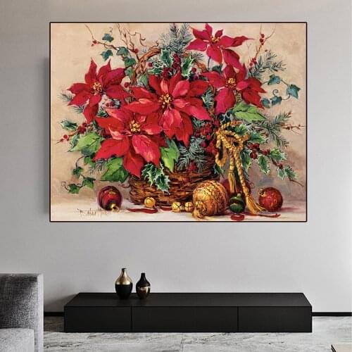 Diamond Painting 5D DIY Poinsettia Basket Full Square Round Diamonds Embroidery Red Flower Wall Decorations Craft Kit