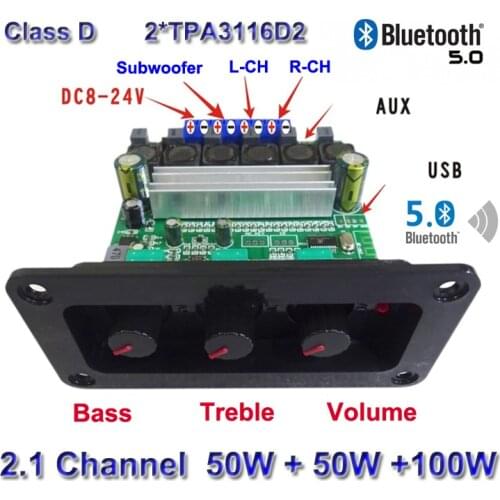 Bluetooth 5.0 2*50W+100W TPA3116D2 Class D HIFI Power Subwoofer Amplifier Board 2.1 Ch Home Theater Car Audio Equalizer Amp