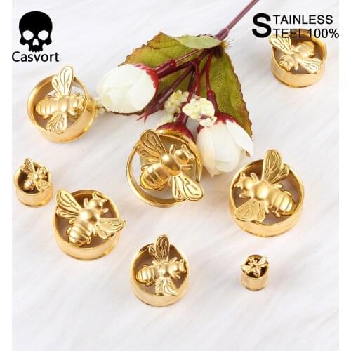 Casvort 10 PCS Stainless Steel Double Flared Honeybee Ear Plugs Tunnels Gauges Stretcher Piercings Body Jewelry