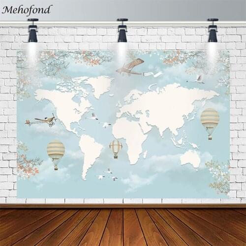 Baby Shower Backdrops Globe Travel Map Airplane Adventure Hot Air Balloon Photography Backgrounds Studio Photophone Decor Props