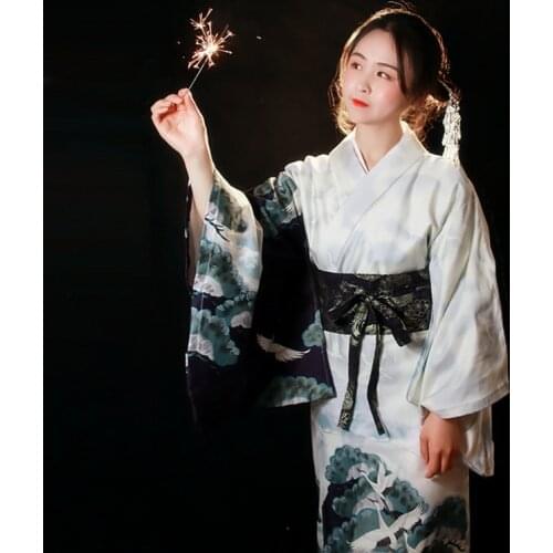 Womens Japanese Traditional Yukata Retro Crane Prints Japan Style Kimono Cosplay Clothing Stage Performance Dress
