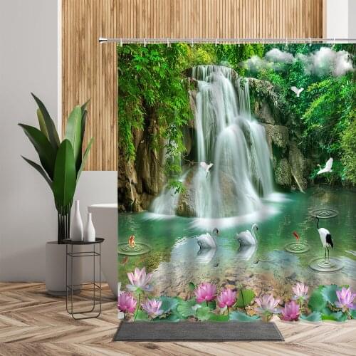 Chinese Waterfall Shower Curtain Forest Green Tree Flower Birds Summer Lotus Bathroom Bath Decor Waterproof Living Room Curtains