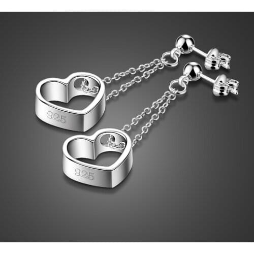 Korean Exquisite 100% 925 Sterling Silver Heart Stud Earrings Women Long Tassel Drop Earrings Fashion Brand Jewelry Gift