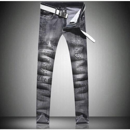 Leopard Print Mens Jeans Fashion Gray Slim Elastic Cotton Denim Lettter Design Floral Pants #A019