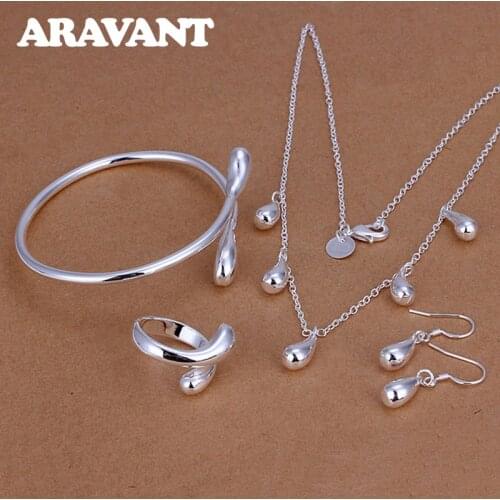 925 Silver Jewelry Set Water Drop Earrings Necklace Rings Open Cuff Bracelet Women Wedding Jewelry Sets
