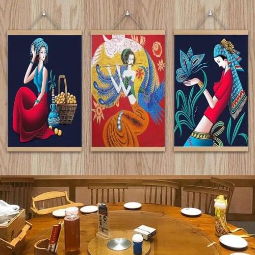 National Ethnic Girls Art Canvas Painting room Decorative Wall Paintings Print Art Poster Room Wood Scroll Hanging wall Tapestry