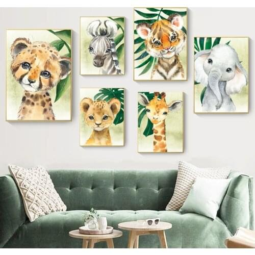 Jungle Animals Lion Giraffe Zebra Tropical Leaf Nordic Posters And Prints Wall Art Canvas Painting Wall Pictures Kids Room Decor