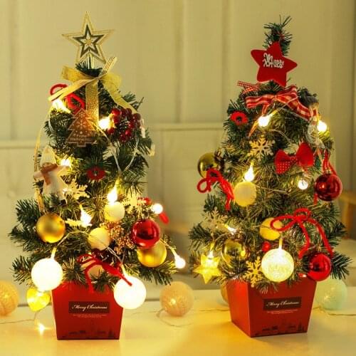 Mini Christmas tree 50cm desktop with lamp ornaments plush ball doll bow golden red Christmas tree set