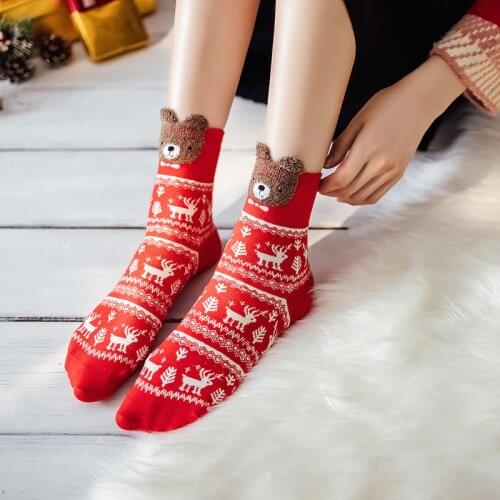 1Pair Women Girls Socks Christmas Holiday Supplies Cute Elk Bear Stocking for Navidad Xmas Decoration Women New Year Costume