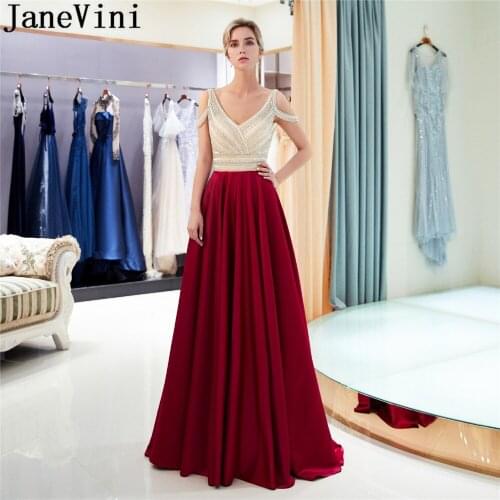 JaneVini Long Burgundy Beaded Prom Dresses 2019 V-Neck Satin Luxury Crystal Backless Gala Jurk A Line African Formal Party Gowns