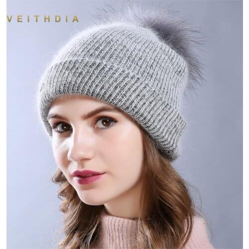 VEITHDIA 2019 Double layer Rabbit Fur Beanie Hat Women Winter knitted Woolen soft fox fur pompom Skullies Hat Cap Autumn Ladies