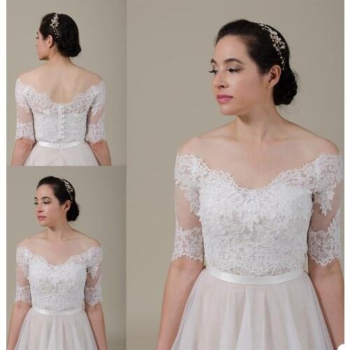 Vintage Bridal Jackets Off Shoulder Half Sleeve Bolero Wedding Top Lace Appliques Custom Made Button Back Bridal Accessories