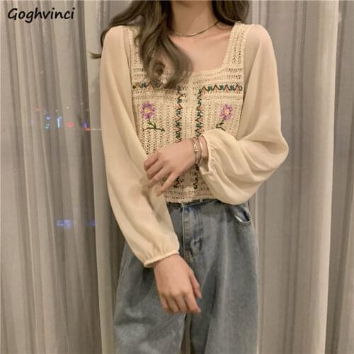 Blouse Women Print Casual Simple Hollow Out Teens Square Collar Daily Vintage Harajuku Crop Chic Comfortable College Loose New