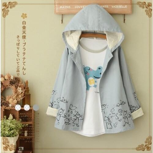 2021 New Spring Autumn Women Pink Jacket Japanese style Cartoon Print Long Sleeve Hooded Casual Cute Girl Outerwear Coat