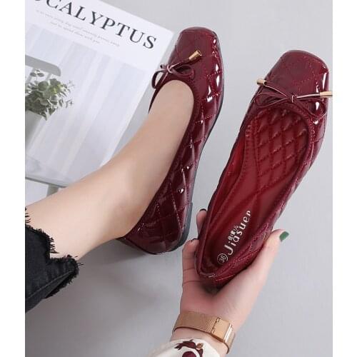 2020 new Arrival Patent Leather Flat Women Ballet Flats Shoes Women Black Square Toe Bowtie comfort Shoes hot sell ladies shoes