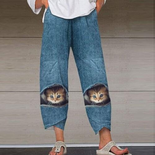 Casual Cat Print Pocket Bloomers Fashion High Street Straight Leg Pants Office 2021 Autumn New Women Elegant Ladies Long Pants