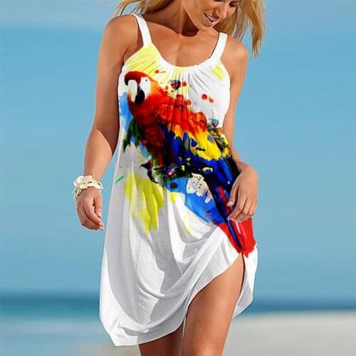 LONGTIME Splash Paint Color Graffiti Parrot Print Fashion Summer Ladies Beach Dress