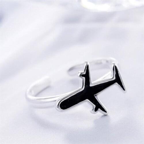 Fine 925 Sterling Silver Fashion Personality Cute Black Plane Adjustable Size Open Ring for Women Girls Mujer Anillos SR022